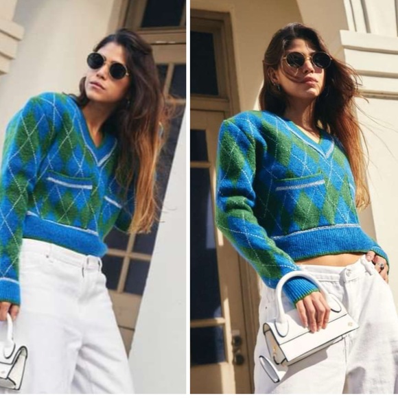 NWT Zara Metallic Thread Argyle Knit Sweater Size Small Blue/Green - Picture 2 of 6